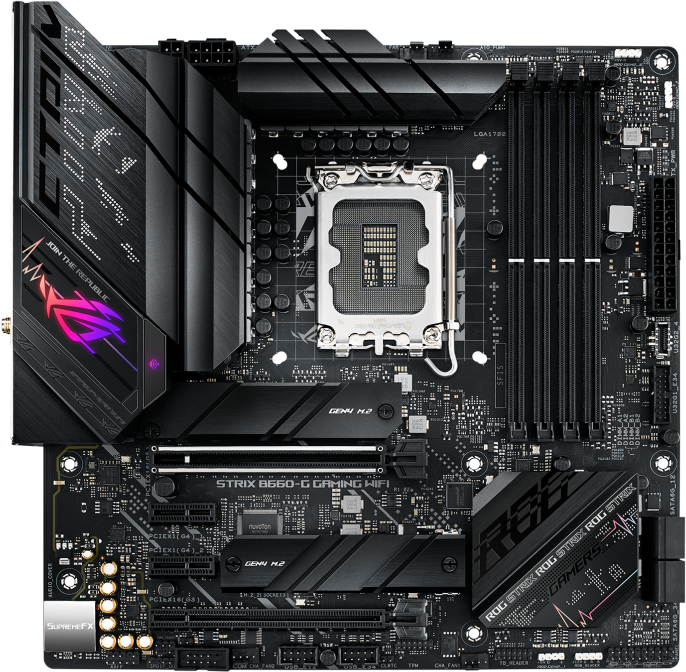   ASUS ROG STRIX B660-G GAMING WIFI Socket 1700, Intel B660, 4xDDR5, PCI-E 5.0, 2500 /, Wi-Fi, Bluetooth, 2xUSB 3.2 Gen1, USB 3.2 Gen1 Type-C, USB 3.2 Gen2, USB 3.2 Gen2x2 Type-C, HDMI, DisplayPort, , mATX