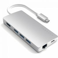 USB-концентратор Satechi Aluminum Multi-Port Adapter V2. Интерфейс USB-C. 3 порта USB 3.0, 1 порт 4K HDMI, 1 порт Ethernet RJ-45, SD/micro-SD кардридер. Цвет серебряный
