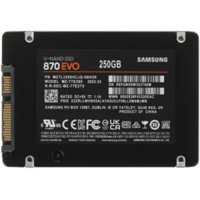 ���������� 2.5" 250GB Samsung 870 EVO Client SSD SATA 6Gb/s, 560/530, IOPS 98/88K, MTBF 1.5M, MZ-77E250B/KR 3D V-NAND TLC, 512MB, 150TBW, 0,33DWPD