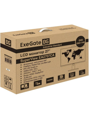 ������� ExeGate 27" EA2707CA SuperView {IPS 2560x1440 75Hz 5ms 16:9 250cd 1000:1 178/178 HDMI DisplayPort USB webcam AudioOut HAS pivot} [EX298883RUS]