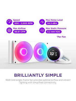 ������� ����������� ���������� NZXT Kraken Elite 280 RGB (250W, 280mm, LED temp., White/ Fans: 2x140mm, 98.61 CFM, 34.5dBA, 2000RPM/ Pump height 65mm, 2800RPM, Rad thickness 27mm/ S: 1851, 1700, 1200, 115X, AM5, AM4)