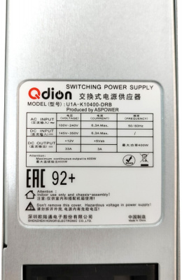 ���� ������� Qdion U1A-K10400-DRB 400W 80+ Gold ���� ������� 1U Slim, 400��, 80 PLUS Gold, ������� ����������: 100 - 240 �, +12V - 33A +5Vsb - 2�