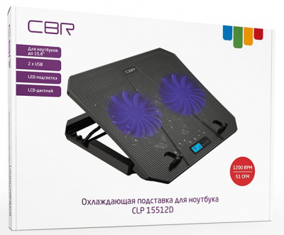 Охлаждающая подставка для ноутбука CBR CLP15512D до 15.6", 2 вентилятор, 2x USB, LED-подсветка, LCD-дисплей, алюминий + пластик