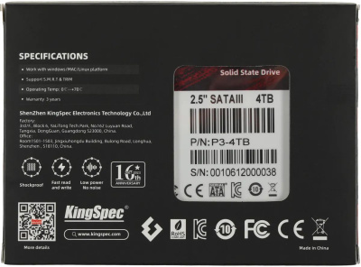 SSD-���� 4.0Tb KingSpec P3 Series (P3-4TB)  (2.5", SATA3, up to 580/500MBs, 3D NAND, 1920TBW)